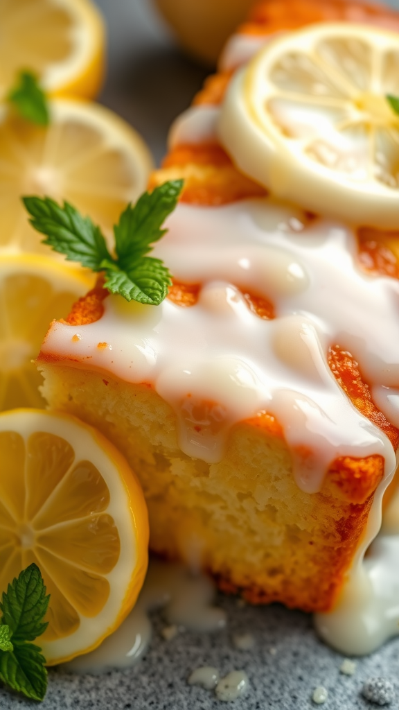 20 Creative Ideas for a Zero Birthday Cake Celebration A slice of lemon drizzle cake garnished with lemon slices and mint leaves.
