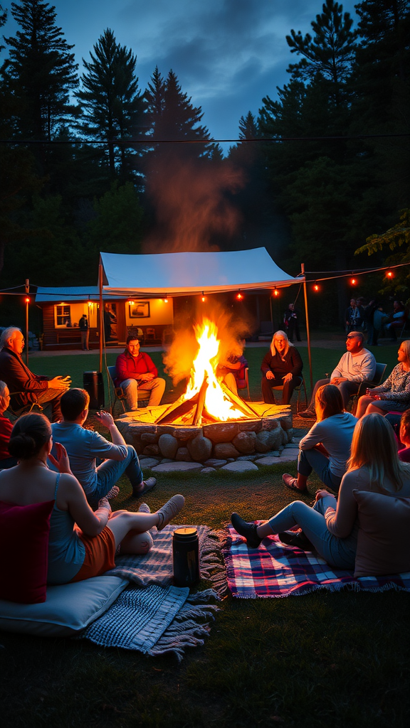 25 Creative Ideas for a Boho 50th Birthday Party Celebration A cozy bonfire setting with friends gathered around, enjoying the warmth and light of the fire.
