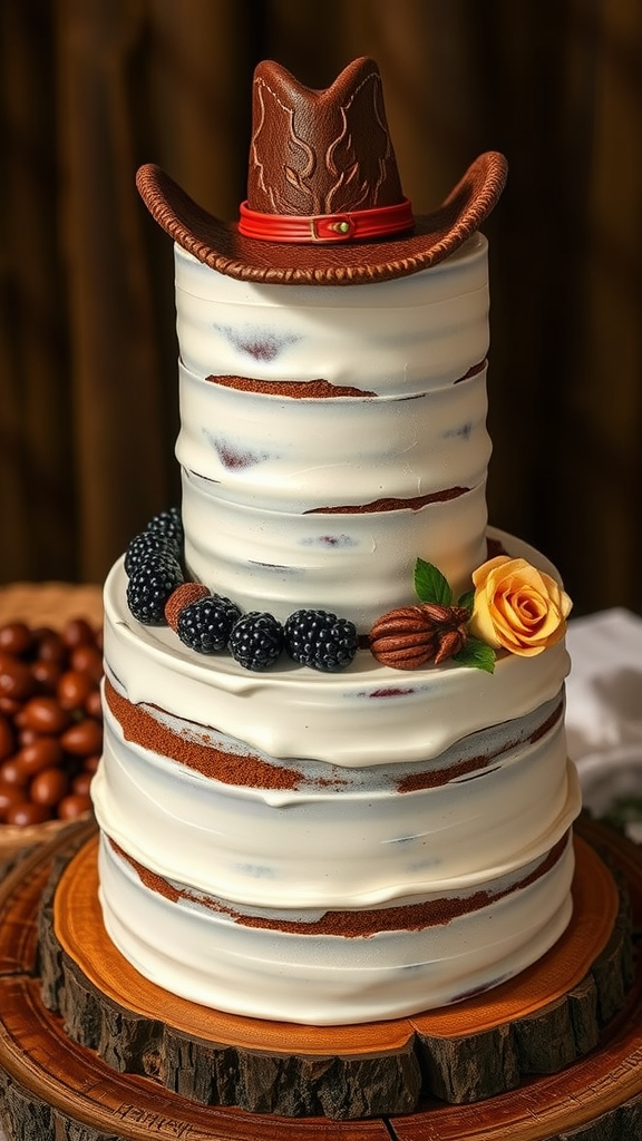 25 Cowboy Wedding Cake Ideas to Inspire Your Rustic Celebration A three-tiered cowboy wedding cake with a brown cowboy hat on top, surrounded by blackberries and a rose, on a wooden platter.