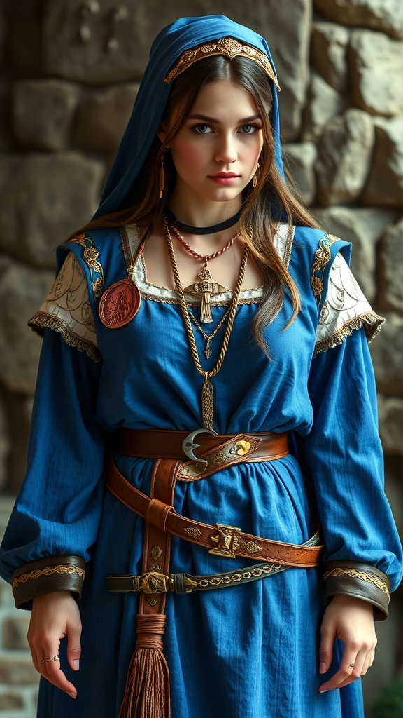 15 Stunning Blue Medieval Dresses for Your Next Event A woman wearing a blue medieval dress with a hood, adorned with jewelry and a detailed belt, standing in front of a stone wall.