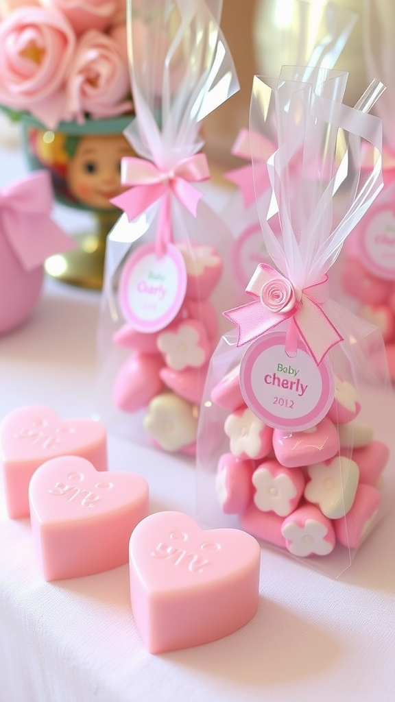 25 Lovely Valentine Baby Shower Ideas You’ll Love A display of baby shower favors including pastel pink candies in bags and heart-shaped cookies.