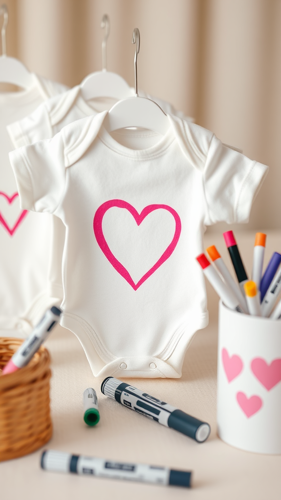 25 Lovely Valentine Baby Shower Ideas You’ll Love Decorating station with plain baby onesies and colorful markers
