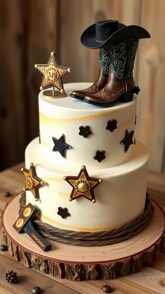 25 Cowboy Wedding Cake Ideas to Inspire Your Rustic Celebration A cowboy-themed wedding cake featuring cowboy boots, a hat, and sheriff badges.