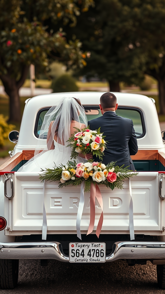 15 Creative Cowboy Wedding Entrance Ideas to Wow Your Guests A bride and groom sitting in the back of an antique pickup truck decorated with flowers. Cowboy Wedding Entrance