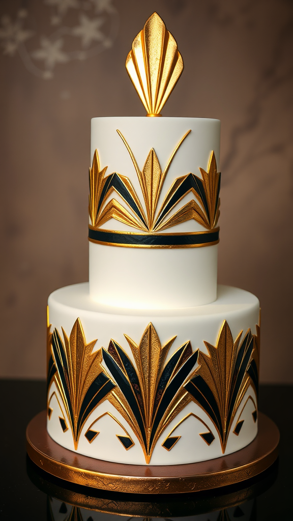 30 Themed Two-Tier Wedding Cakes That Are Totally Unique (Check Out #9!) Two-tier wedding cake in Art Deco style with gold and black decorations.