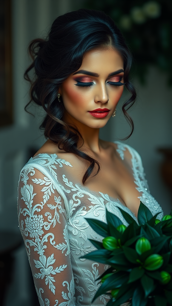 20 Enchanting Dark Romantic Wedding in Emerald Green Ideas A bride with elegant hair and makeup, holding an emerald green bouquet.