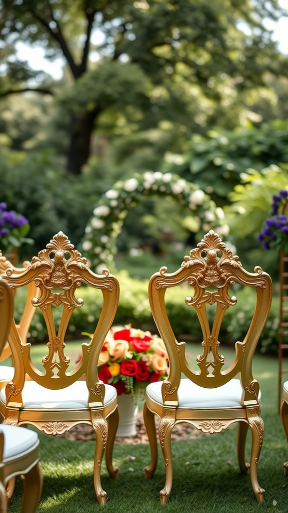 35 Rococo Wedding Inspiration Ideas That Will Make Your Heart Skip a Beat (Don't Miss #10!) Rococo style wedding chairs in a garden setting with floral arrangements