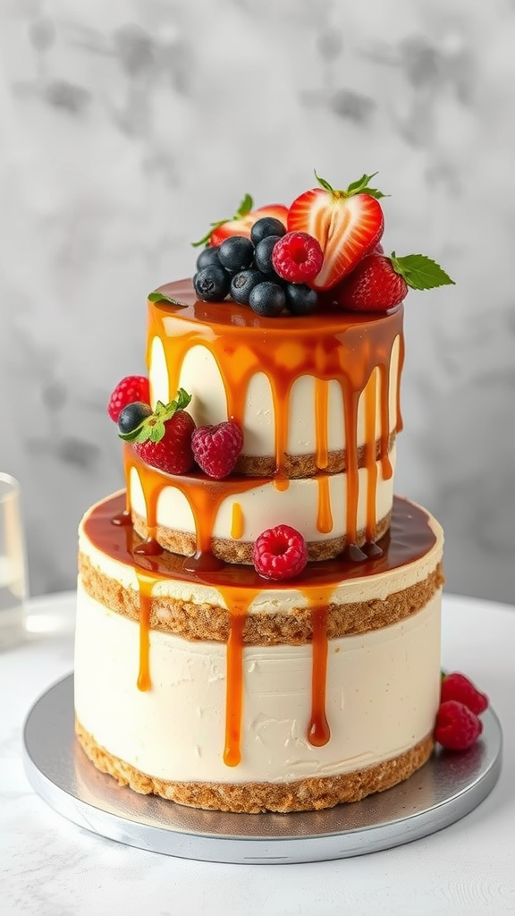 30 Themed Two-Tier Wedding Cakes That Are Totally Unique (Check Out #9!) Two-tier artisan cheesecake with caramel drizzle and fresh berries on top.