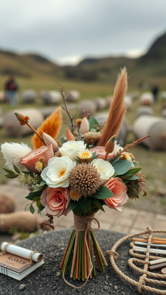 35 Stunning Earth Tone Wedding Bouquets for Your Dream Celebration A beautifully arranged earth tone wedding bouquet featuring peach roses, white flowers, and dried grasses.