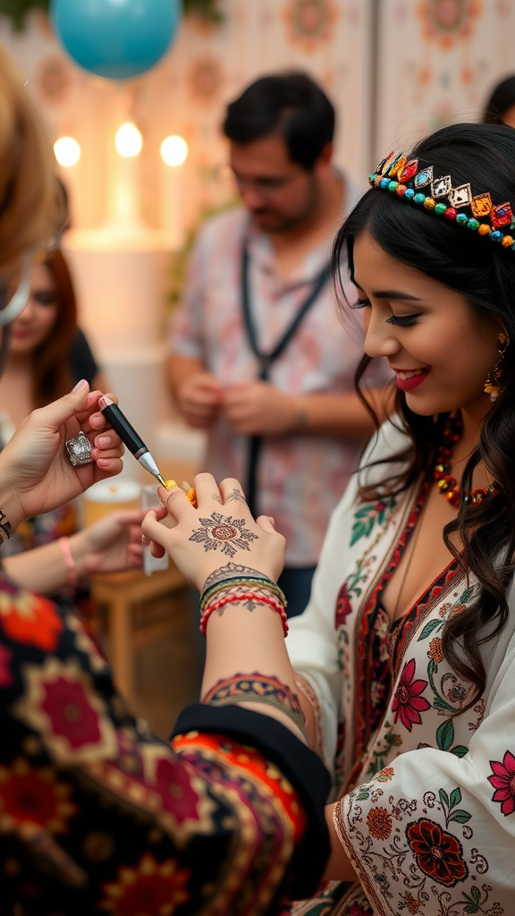 25 Creative Ideas for a Boho 50th Birthday Party Celebration A woman applying intricate henna designs on another woman's arm at a birthday party.
