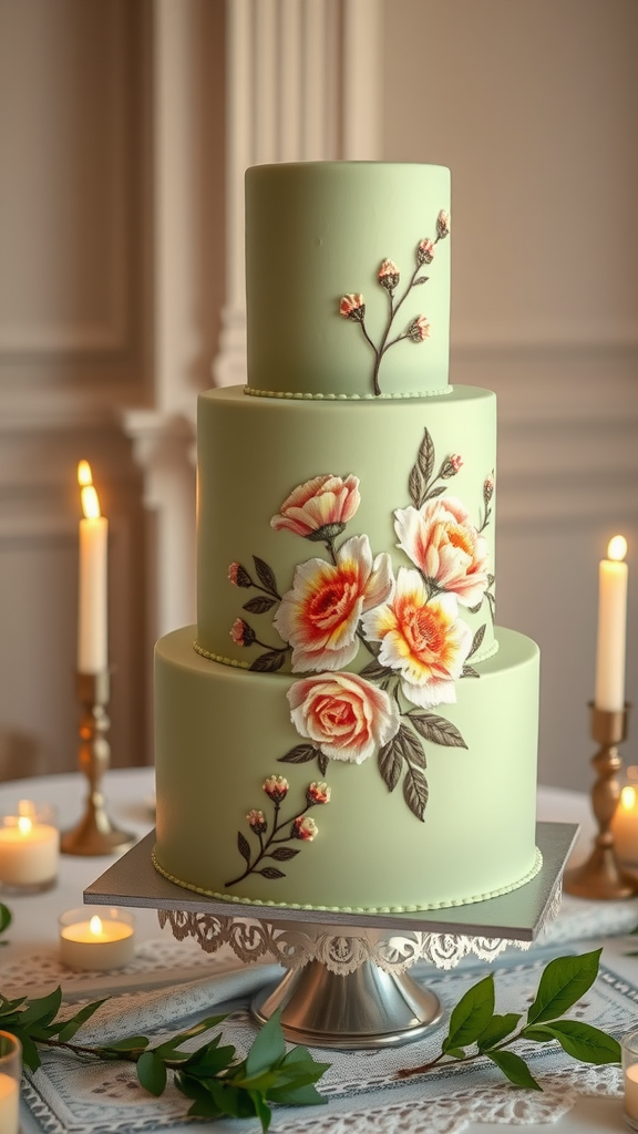 15 Elegant Sage Green Wedding Cake Ideas for Your Perfect Day A beautifully decorated sage green wedding cake with floral designs, set on a decorative stand surrounded by candles.