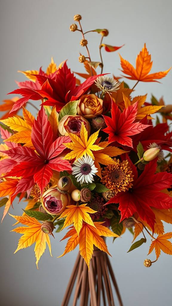 35 Stunning Earth Tone Wedding Bouquets for Your Dream Celebration A vibrant wedding bouquet featuring colorful autumn leaves and flowers.