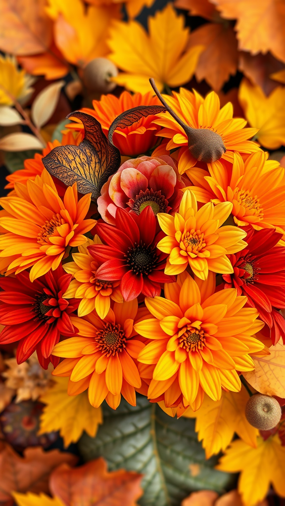 25 Cowboy Wedding Flowers That Will Make Planning a Breeze! A vibrant bouquet of autumn flowers in shades of orange, red, and yellow, surrounded by colorful autumn leaves. Cowboy Wedding Flowers