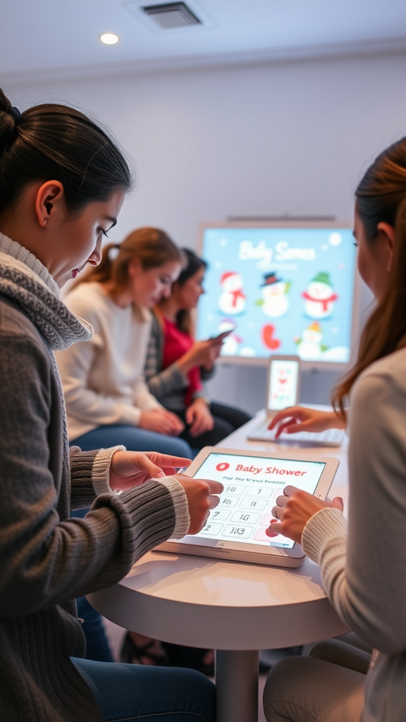 25 Sweet Winter Baby Shower Ideas to Warm Your Celebration A group of friends playing baby shower games on digital devices in a cozy winter setting.