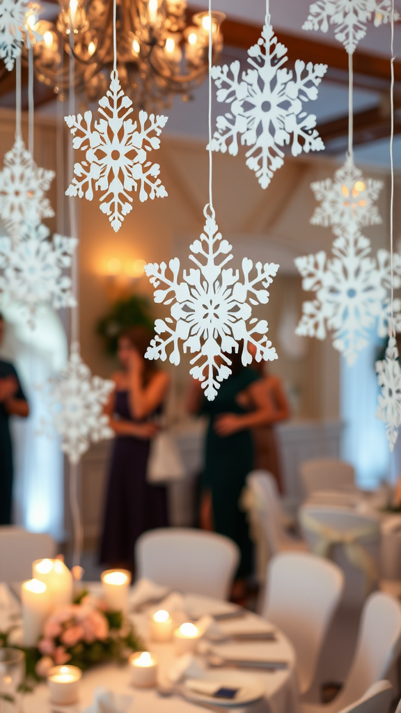 25 Sweet Winter Baby Shower Ideas to Warm Your Celebration Decorative snowflakes hanging from the ceiling at a winter-themed baby shower
