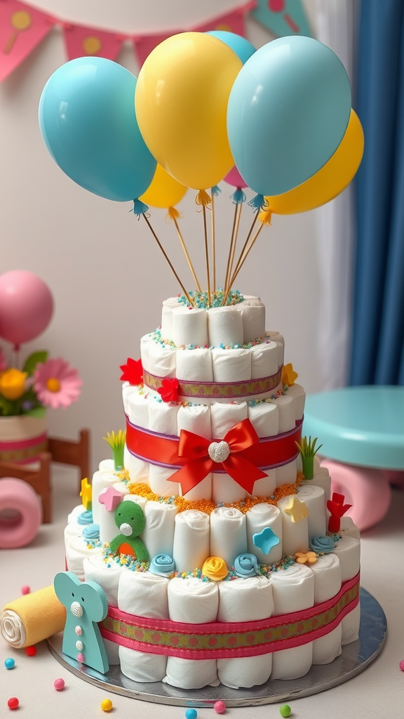 25 Creative Valentine Diaper Cakes A colorful diaper cake with balloons, decorated with ribbons and playful accessories, perfect for a baby shower.