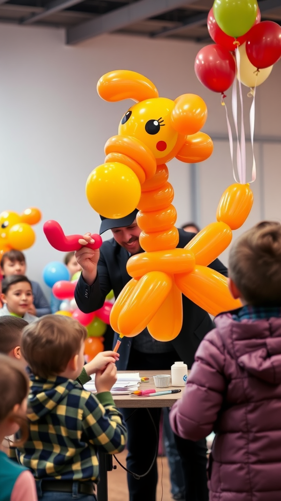 25 Fun and Festive new year’s eve kid party ideas A balloon artist making a giraffe balloon animal for children at a workshop, surrounded by colorful balloons.