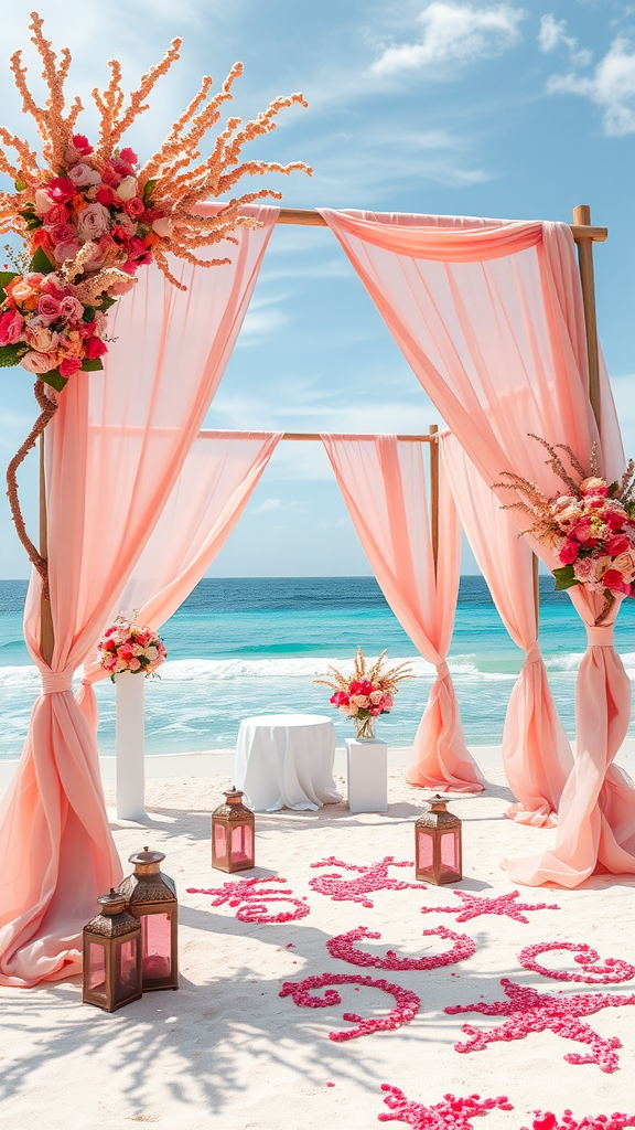 35 Stunning Coral Wedding Ideas You'll Love Beach wedding decor with coral draped arch and floral arrangements