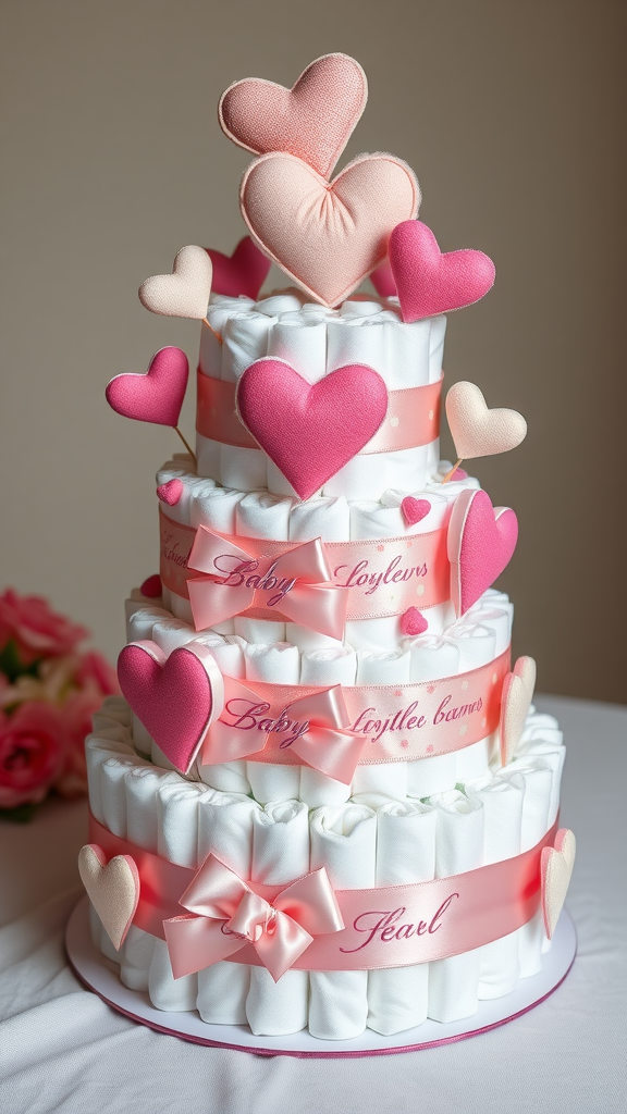 25 Lovely Valentine Baby Shower Ideas You’ll Love A tiered diaper cake decorated with pink and cream hearts, personalized ribbons, and a lovely pink bow.