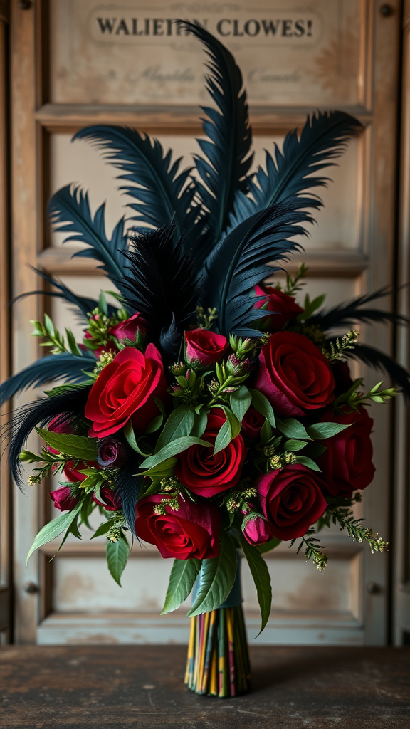 25 Enchanting Dark Romantic Wedding Ideas You’ll Love A striking bouquet featuring dark feathers and red roses.