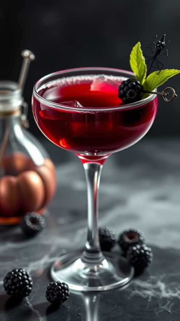25 Enchanting Dark Romantic Wedding Ideas You’ll Love A blood red cocktail in an elegant glass, garnished with mint and a blackberry, against a dark background. Dark Romantic Wedding Ideas