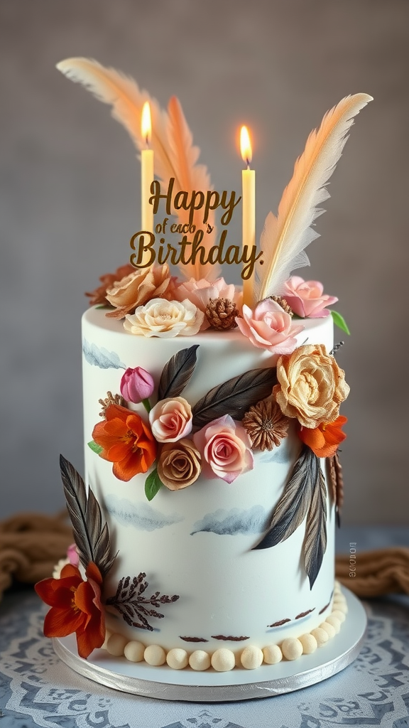 25 Creative Ideas for a Boho 50th Birthday Party Celebration A beautifully decorated birthday cake featuring flowers, feathers, and candles, embodying a bohemian theme.