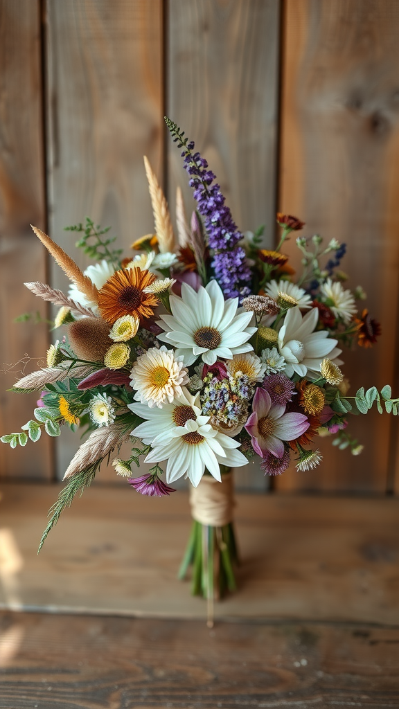 35 Stunning Earth Tone Wedding Bouquets for Your Dream Celebration A bohemian-style wedding bouquet featuring earth tone flowers and greenery, set against a rustic wooden background.