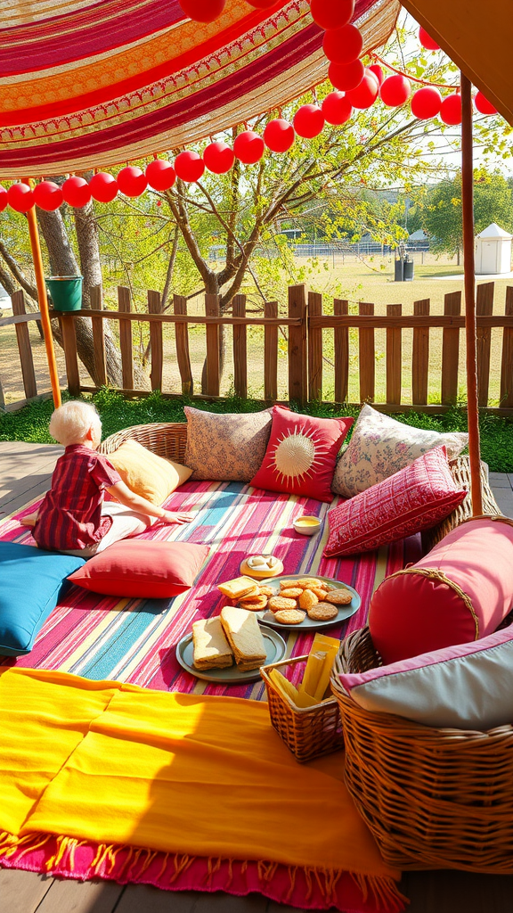 25 Adorable Ideas for a Boho Themed 1st Birthday Party for Girls Cozy picnic setup with colorful blankets, pillows, and snacks for a boho theme. boho themed 1st birthday party