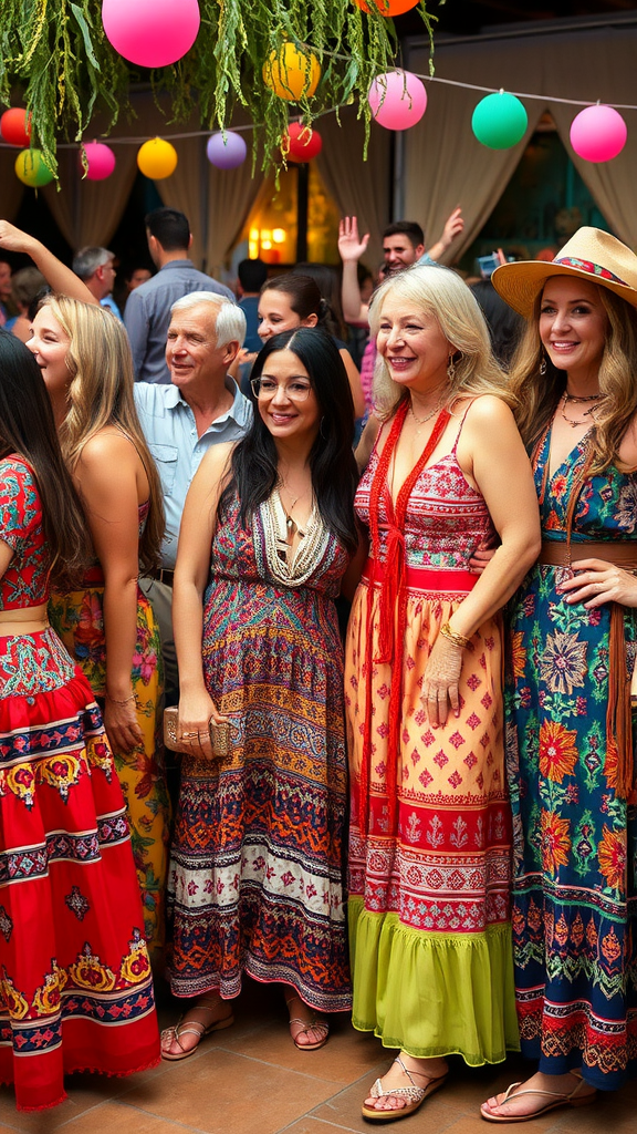 25 Creative Ideas for a Boho 50th Birthday Party Celebration A group of people celebrating a boho 50th birthday party, dressed in colorful outfits with festive decorations in the background.