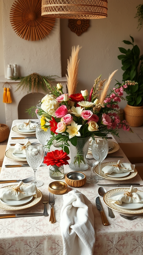 25 Adorable Ideas for a Boho Themed 1st Birthday Party for Girls Beautiful boho-inspired table setting with flowers and elegant dishes