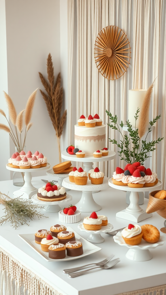 25 Adorable Ideas for a Boho Themed 1st Birthday Party for Girls A beautifully arranged dessert table showcasing various cakes, cupcakes, and decorative elements in a boho chic style.