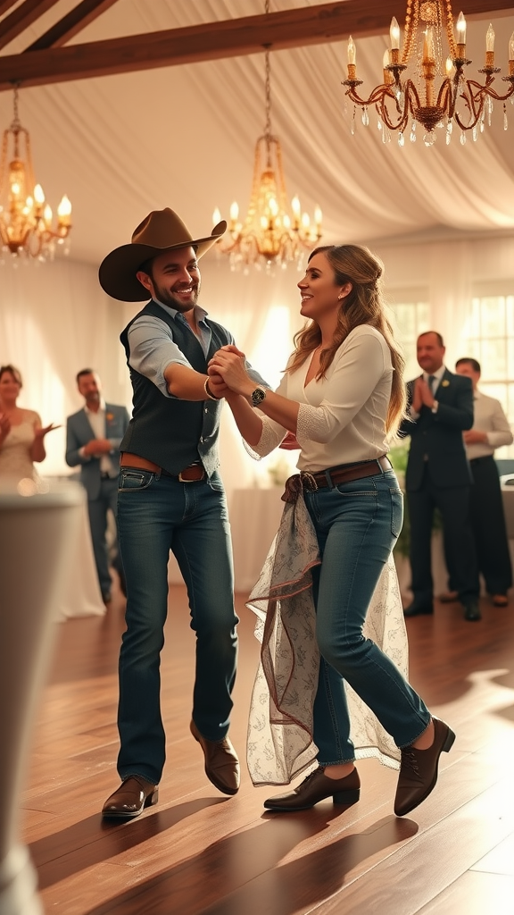 15 Creative Cowboy Wedding Entrance Ideas to Wow Your Guests A couple dancing joyfully at a wedding, embodying the spirit of a cowboy wedding entrance.