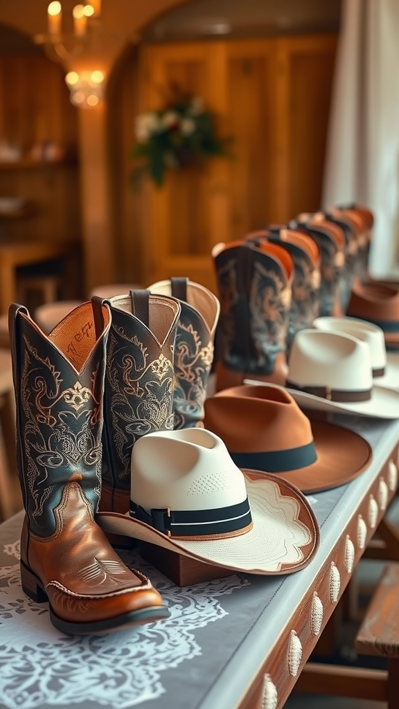 25 Creative Ideas for a Cowboy-Themed Wedding Celebration A display of cowboy boots and hats arranged on a table, perfect for a cowboy wedding theme.