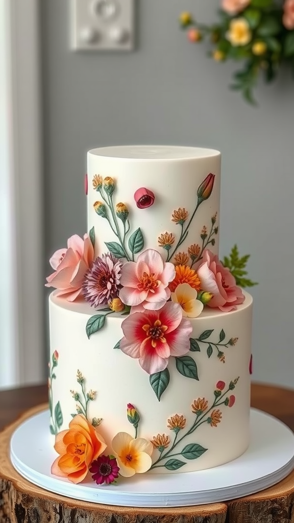 30 Themed Two-Tier Wedding Cakes That Are Totally Unique (Check Out #9!) Two-tier wedding cake decorated with colorful floral illustrations