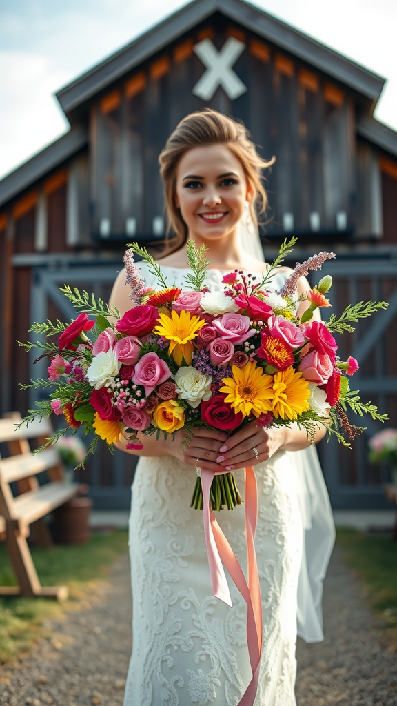 25 Cowboy Wedding Flowers That Will Make Planning a Breeze! Bride holding a vibrant floral bouquet in front of a rustic barn. Cowboy Wedding Flowers