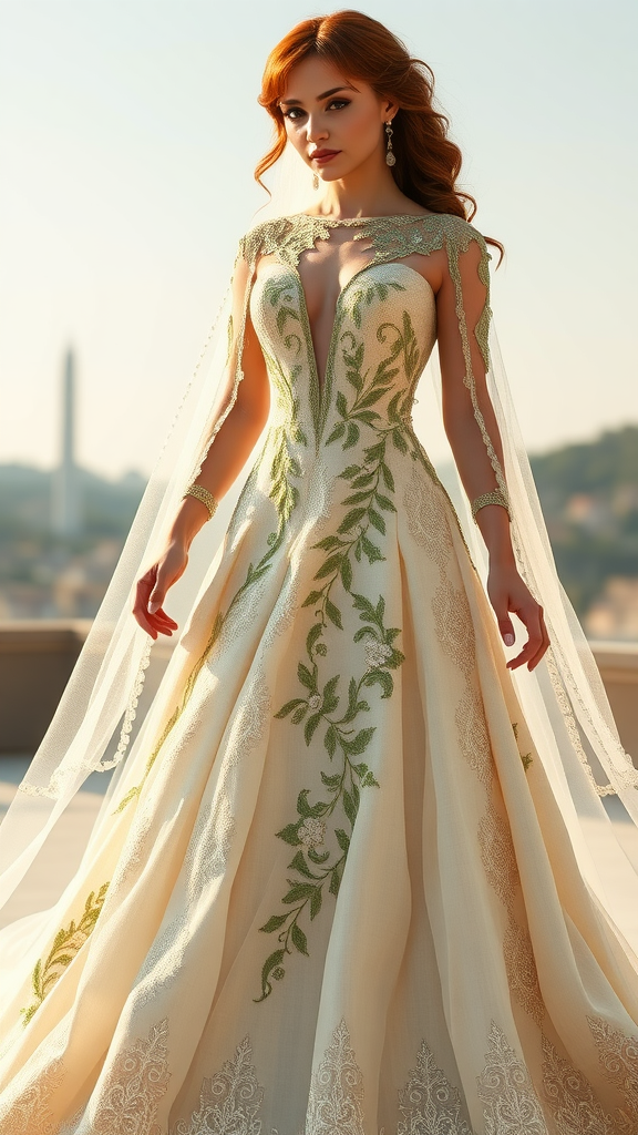 35 Olive Green Wedding Ideas You Haven't Seen Yet (Prepare to Be Inspired!) A bride wearing an elegant gown with olive green floral accents and a flowing cape.