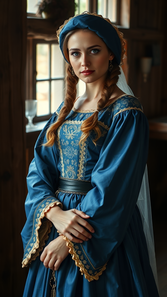 15 Stunning Blue Medieval Wedding Dresses for Your Fairytale Day A bride in a blue medieval wedding dress with braids and a headpiece, showcasing bridal makeup and hair.