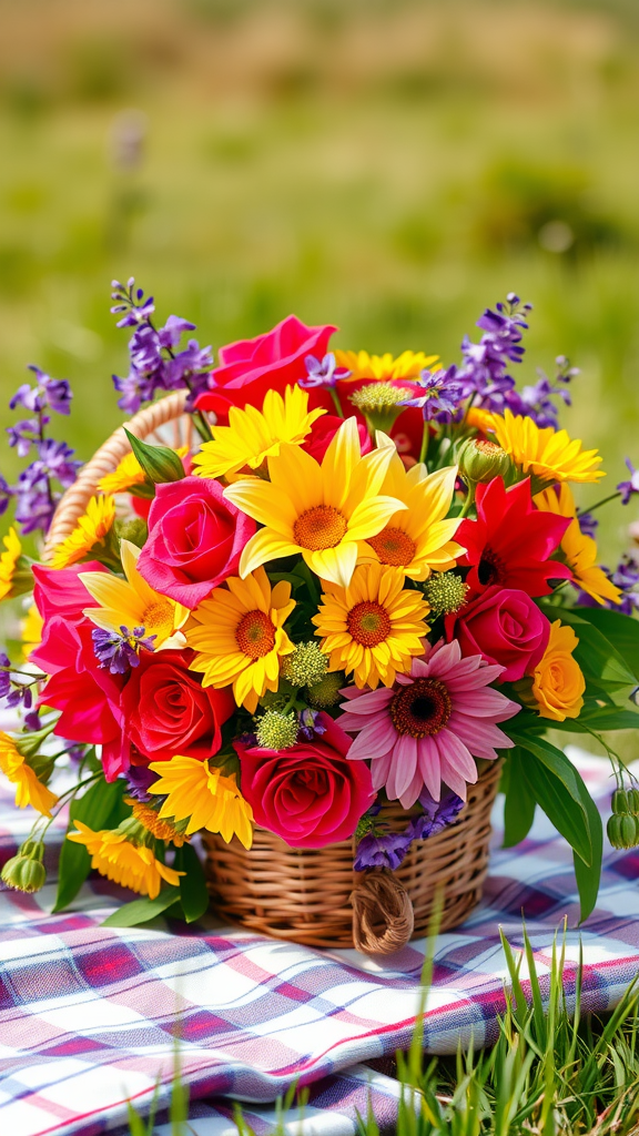 25 Cowboy Wedding Flowers That Will Make Planning a Breeze! A vibrant basket of mixed flowers, including sunflowers, roses, and daisies, on a checkered blanket in a grassy field.