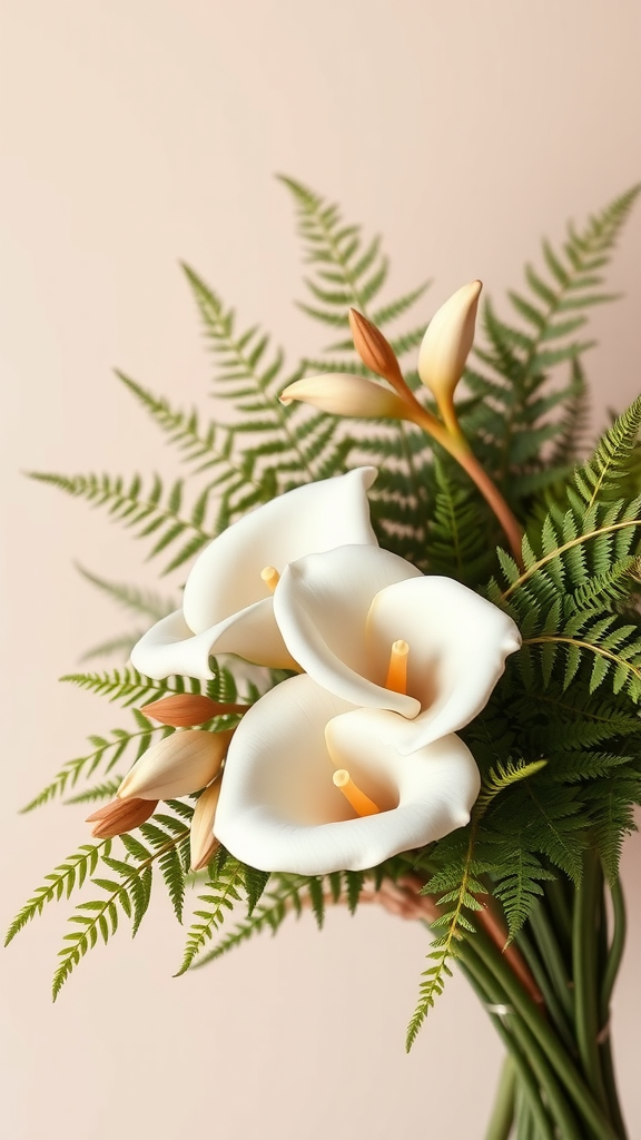 35 Stunning Earth Tone Wedding Bouquets for Your Dream Celebration A bouquet of white calla lilies surrounded by green ferns against a soft background.
