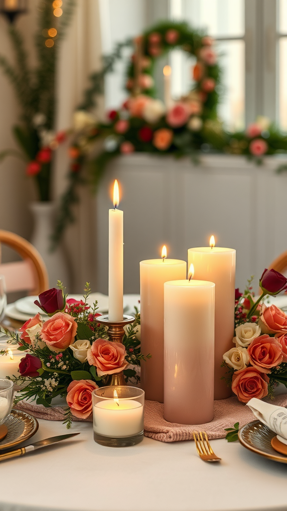 35 Earth Tone Wedding Ideas That'll Make Your Guests Go 'Wow!' (Don't Miss #10!) Candle arrangements with earthy tones and flowers for a wedding table setting.