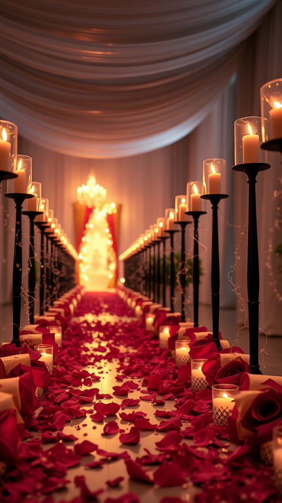 25 Enchanting Dark Romantic Wedding Ideas You’ll Love A candlelit aisle decorated with rose petals and candles, creating a romantic wedding atmosphere.
