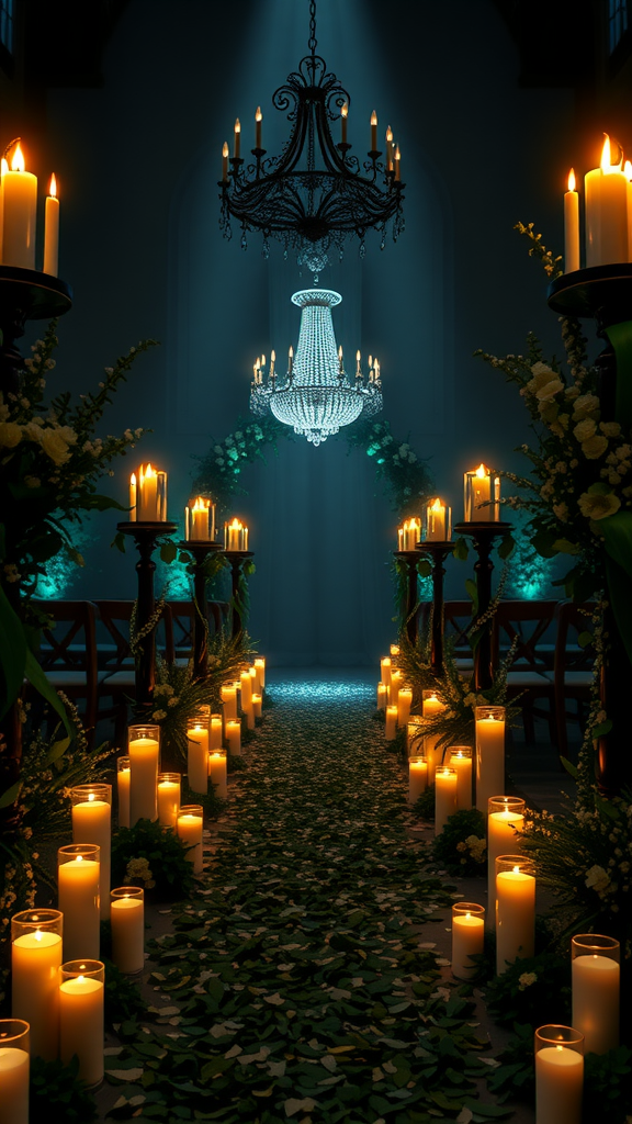 20 Enchanting Dark Romantic Wedding in Emerald Green Ideas A beautifully lit candlelit ceremony aisle with candles lined along the path and a chandelier above.
