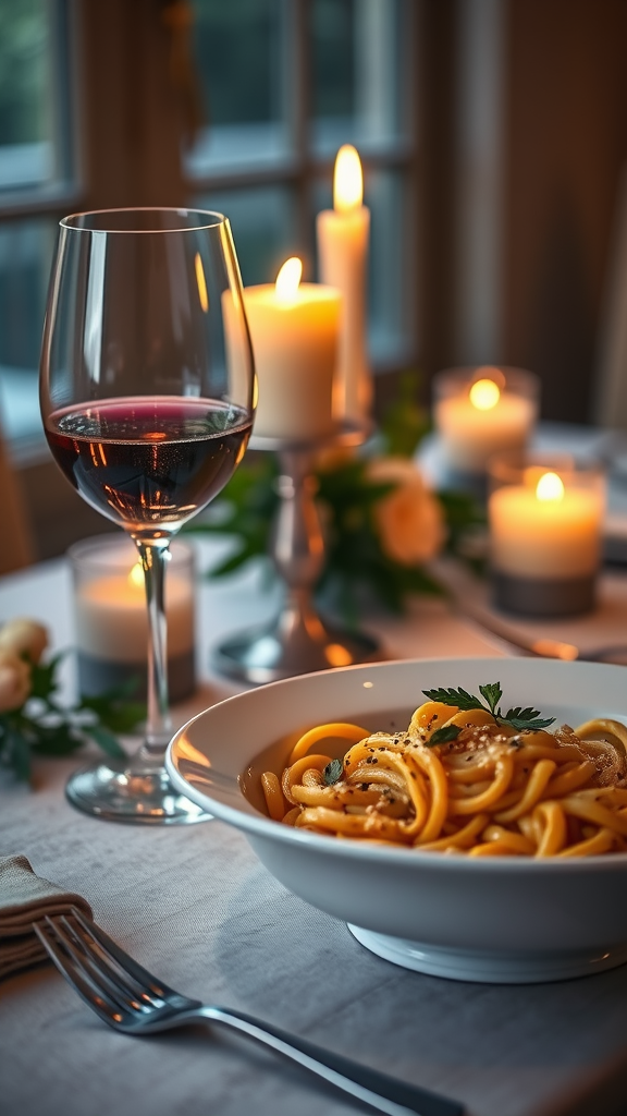 15 Romantic Valentine Lunch Ideas A beautifully set table with candlelight, a glass of red wine, and a bowl of pasta.