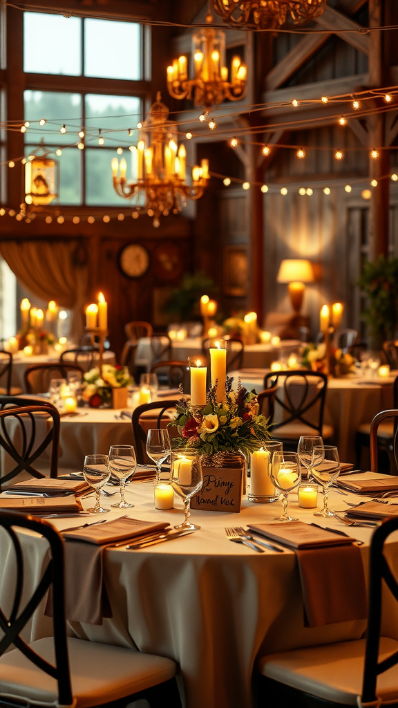 25 Creative Ideas for a Cowboy-Themed Wedding Celebration Candlelit reception tables for a cowboy wedding theme with floral arrangements and elegant table settings.