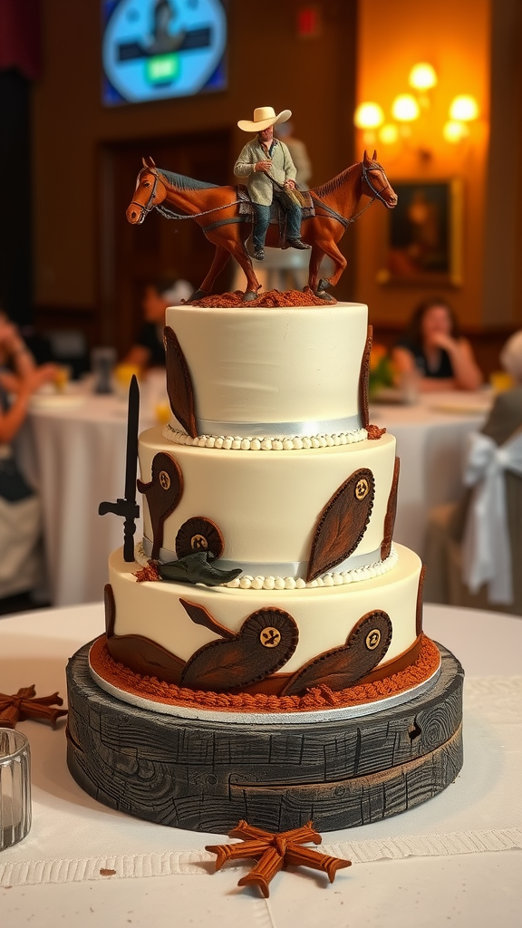 25 Cowboy Wedding Cake Ideas to Inspire Your Rustic Celebration A beautifully designed cowboy wedding cake with a cowboy figurine on horseback, showcasing rustic details and western-themed decorations.