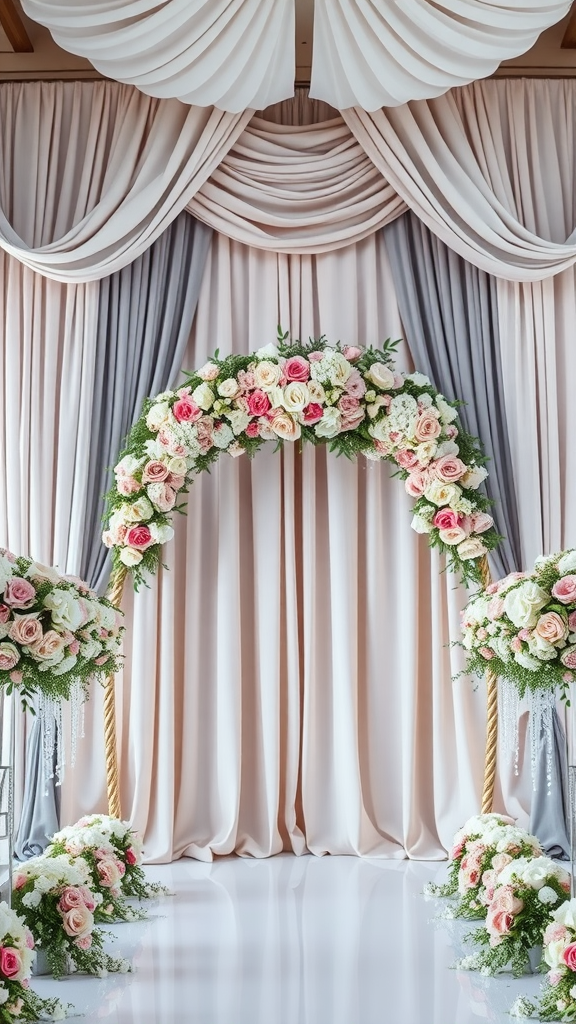35 Rococo Wedding Inspiration Ideas That Will Make Your Heart Skip a Beat (Don't Miss #10!) A beautifully arranged Rococo wedding ceremony backdrop featuring an arch of roses and soft draping fabrics.