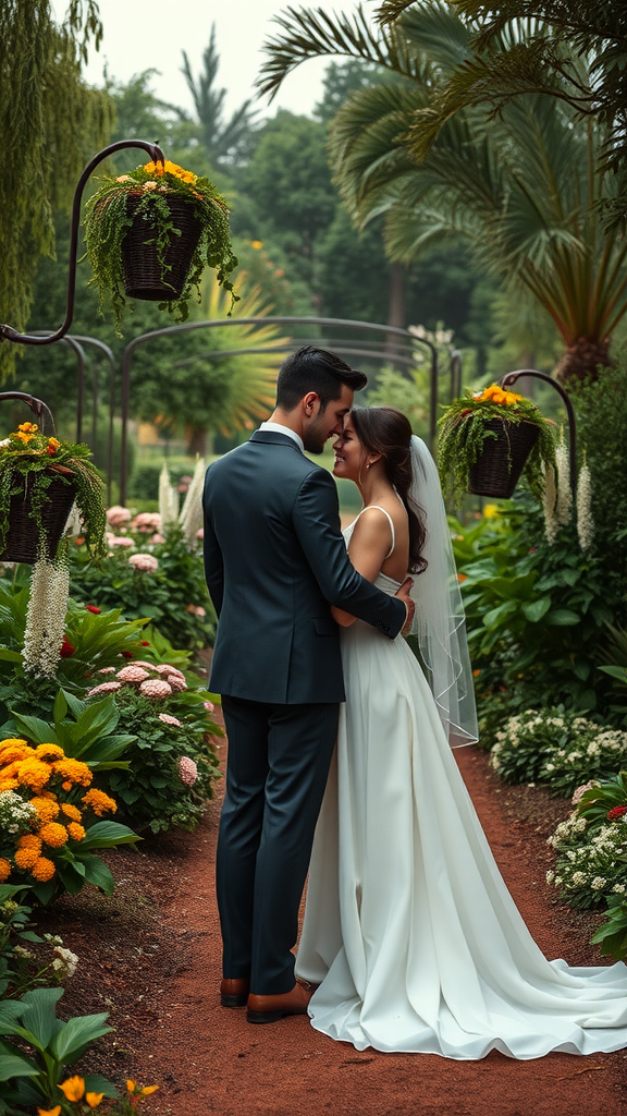 35 Earth Tone Wedding Ideas That'll Make Your Guests Go 'Wow!' (Don't Miss #10!) Couple embracing in a lush garden setting with colorful flowers at an earthy wedding.