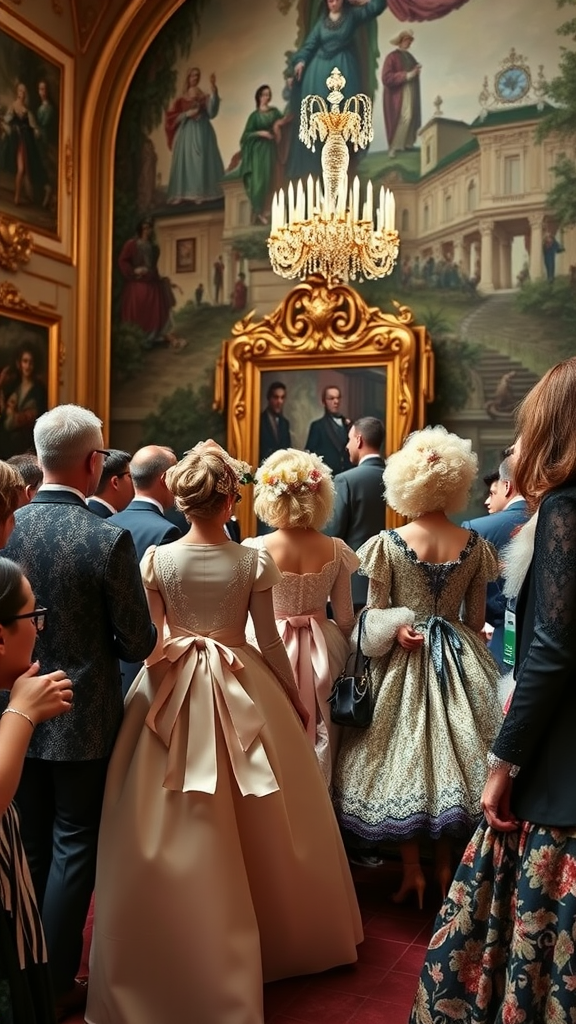 35 Stunning Ideas for a Rococo Party Guests in Rococo-style attire at a lavish party, with a grand chandelier and ornate background.