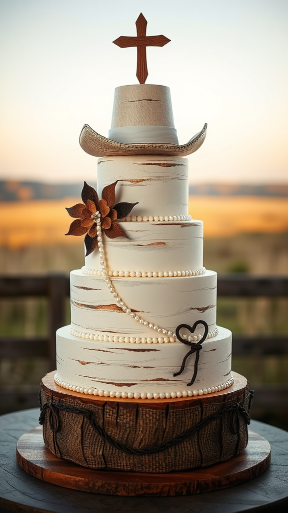 25 Cowboy Wedding Cake Ideas to Inspire Your Rustic Celebration A beautifully designed cowboy wedding cake with a hat on top, pearls, and floral accents.