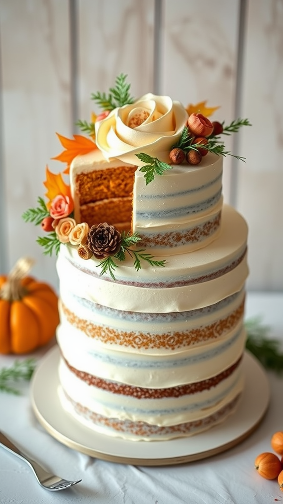 20 Enchanting Christmas Wedding Cake Ideas A beautifully decorated carrot cake with cream cheese frosting, topped with flowers and autumn leaves.